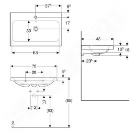 Geberit iCon - Lavabo à poser 750x480x160 mm, avec trop-plein, avec trou pour robinetterie, KeraTect, blanc 501.848.00.2