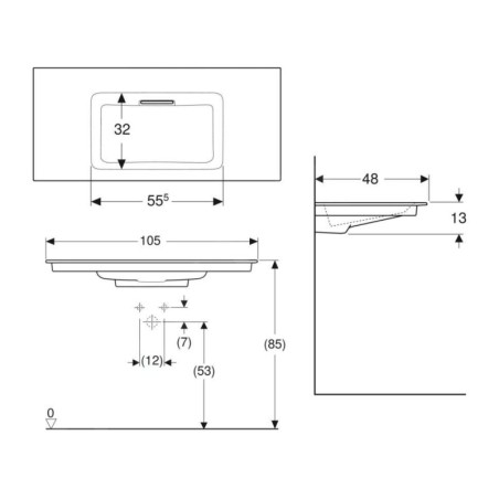 Geberit ONE - Meuble-lavabo 1050x480x130 mm, trop-plein caché, sans trou pour robinetterie, sortie horizontale, KeraTect, blanc