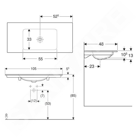 Geberit ONE - Meuble-lavabo 1050x480x140 mm, sans trop-plein, sans trou pour robinetterie, KeraTect, blanc 505.011.01.4