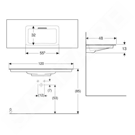 Geberit ONE - Meuble-lavabo 1200x480x130 mm, trop-plein caché, sans trou pour robinetterie, sortie horizontale, KeraTect, blanc