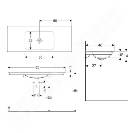 Geberit ONE - Meuble-lavabo 1200x480x140 mm, sans trop-plein, sans trou pour robinetterie, KeraTect, blanc 505.011.01.5
