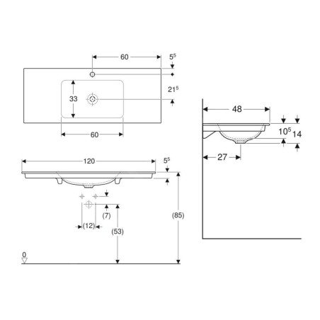 Geberit ONE - Meuble-lavabo 1200x480x140 mm, sans trop-plein, avec trou pour robinetterie, KeraTect, blanc 505.010.01.5