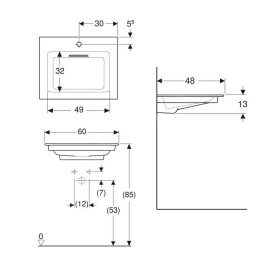 Geberit ONE - Meuble-lavabo 600x480x130 mm, trop-plein caché, avec trou pour robinetterie, sortie horizontale, KeraTect, blanc