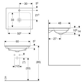 Geberit ONE - Meuble-lavabo 600x480x140 mm, sans trop-plein, avec trou pour robinetterie, KeraTect, blanc 505.010.01.1