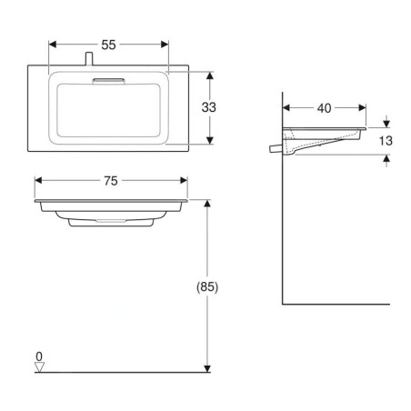 Geberit ONE - Meuble-lavabo 750x400x130 mm, trop-plein caché, sans trou pour robinetterie, sortie horizontale, KeraTect, blanc