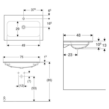 Geberit iCon - Meuble-lavabo 750x480x130 mm, sans trop-plein, avec trou pour robinetterie, KeraTect, blanc 501.844.00.2