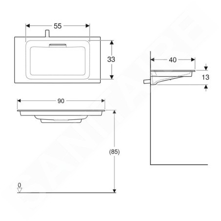 Geberit ONE - Meuble-lavabo 900x400x130 mm, trop-plein caché, sans trou pour robinetterie, sortie horizontale, KeraTect, blanc