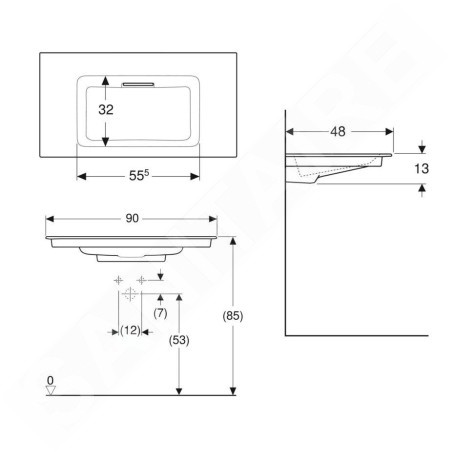Geberit ONE - Meuble-lavabo 900x480x130 mm, trop-plein caché, sans trou pour robinetterie, sortie horizontale, KeraTect, blanc