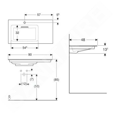 Geberit ONE - Meuble-lavabo 900x480x131 mm, trop-plein caché, avec trou pour robinetterie, sortie horizontale, KeraTect, blanc