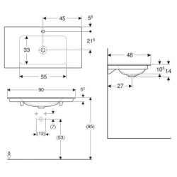 Geberit ONE - Meuble-lavabo 900x480x140 mm, sans trop-plein, avec trou pour robinetterie, KeraTect, blanc 505.010.01.3
