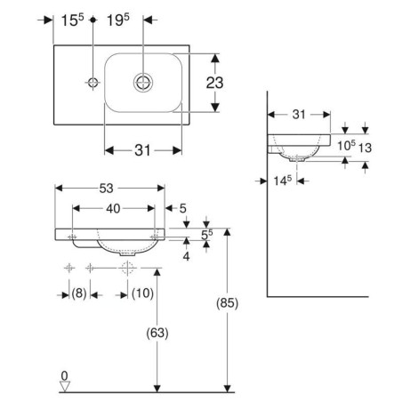 Geberit iCon - Lave-mains 530x310x130 mm, sans trop-plein, trou pour robinetterie à gauche, KeraTect, blanc 501.833.00.2