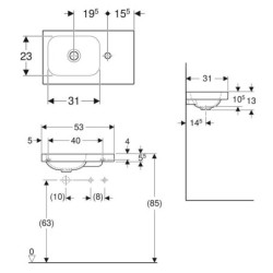 Geberit iCon - Lave-mains 530x310x130 mm, sans trop-plein, trou pour robinetterie à droite, KeraTect, blanc 501.832.00.2
