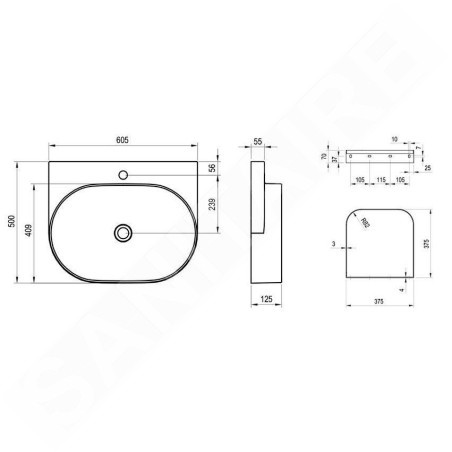 Ravak Yard - Lavabo 605x500 mm, sans trop-plein, trou pour robinet, blanc XJX01260002