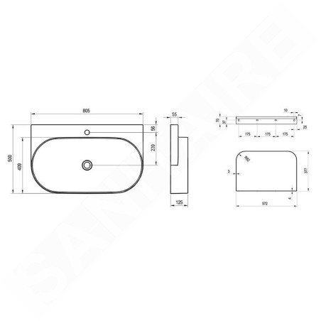 Ravak Yard - Lavabo 805x500 mm, sans trop-plein, trou pour robinetterie, blanc XJX01280002