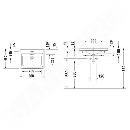 Duravit D-Neo - Évier 600x480 mm, avec trop-plein, trou pour robinetterie, blanc 2367600000