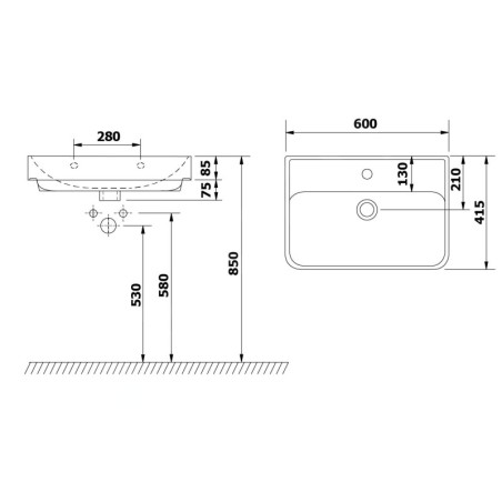 Bruckner Neon - Lavabo 600x415 mm, avec trop-plein, avec trou pour robinet, blanc 201.132.0