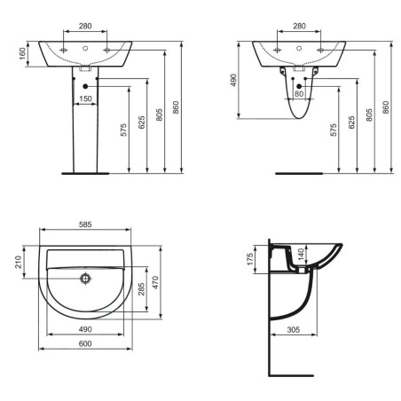 Ideal Standard Eurovit - Lavabo 600x470 mm, avec trop-plein, sans trou pour robinetterie, blanc W332401