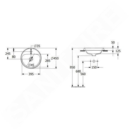 Villeroy & Boch Architectura - Lavabo à encastrer, 450x450 mm, avec trop-plein, trou de robinet, CeramicPlus, blanc alpin