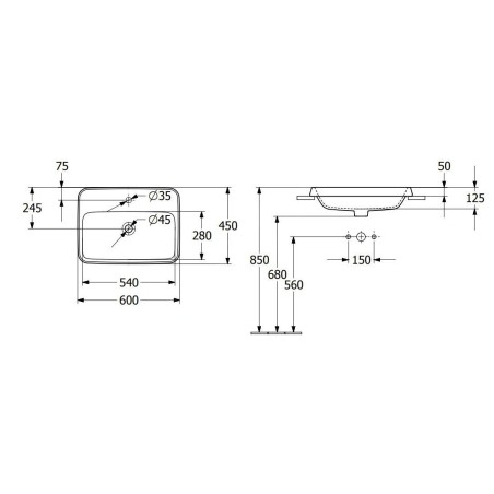 Villeroy & Boch Architectura - Lavabo à encastrer, 600x450 mm, avec trop-plein, trou pour robinet, blanc alpin 5A676001
