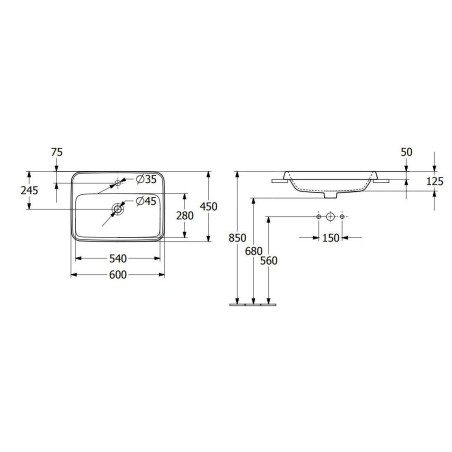 Villeroy & Boch Architectura - Lavabo à encastrer, 600x450 mm, avec trop-plein, trou de robinet, CeramicPlus, blanc alpin