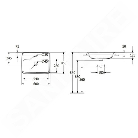 Villeroy & Boch Architectura - Lavabo à encastrer, 600x450 mm, sans trop-plein, trou de robinet, CeramicPlus, blanc alpin