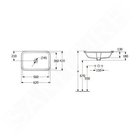 Villeroy & Boch Architectura - Lavabo à encastrer, 560x360 mm, sans trop-plein, blanc alpin 5A776101