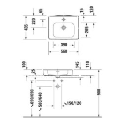 Duravit Soleil by Starck - Meuble-lavabo 560x435 mm, avec trop-plein, trou pour robinet, WonderGliss, blanc 23785600271