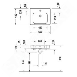 Duravit Soleil by Starck - Meuble-lavabo 600x480 mm, avec trop-plein, trou pour robinet, blanc 2377600000