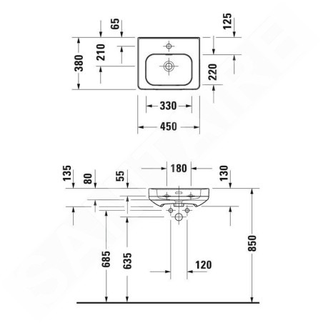 Duravit Soleil by Starck - Lave-mains 450x380 mm, avec trop-plein, trou pour robinet, WonderGliss, blanc 07444500001