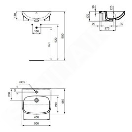 Ideal Standard i.Life A - Lavabo semi-encastré, 500x440 mm, avec trop-plein, trou pour robinet, blanc T451701