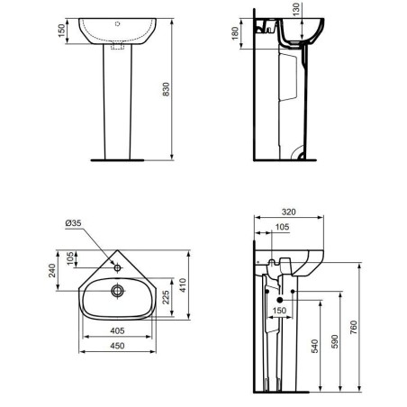 Ideal Standard i.Life A - Lave-mains d’angle, 450x410 mm, avec trop-plein, trou pour robinet, blanc T471101