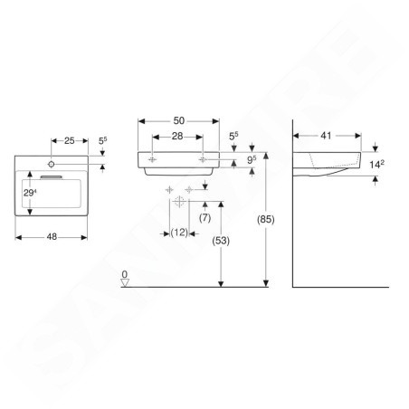 Geberit ONE - Lavabo à poser 50x41x14 cm, trop-plein caché, trou pour robinetterie, évacuation horizontale, blanc mat