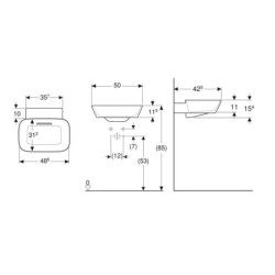 Geberit ONE - Lavabo à poser 50x43x15 cm, trop-plein caché, sans trou pour robinetterie, évacuation horizontale, blanc mat
