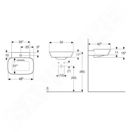 Geberit ONE - Lavabo à poser 50x43x15 cm, trop-plein caché, trou pour robinetterie, évacuation horizontale, blanc mat