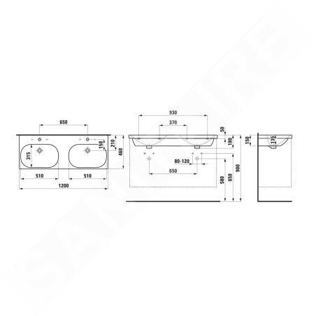 Laufen Lua - Double lavabo de meuble 46x120 cm, avec trop-plein, trous pour robinetterie, blanc H8140810001081