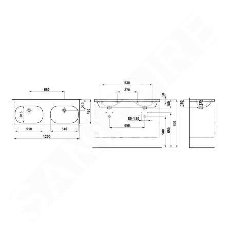 Laufen Lua - Double lavabo de meuble 46x120 cm, avec trop-plein, sans trou pour robinetterie, blanc H8140810001091