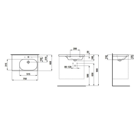 Laufen Lua - Lavabo de meuble 75x46 cm, sans trop-plein, 3 trous pour robinetterie, blanc H8170850001581