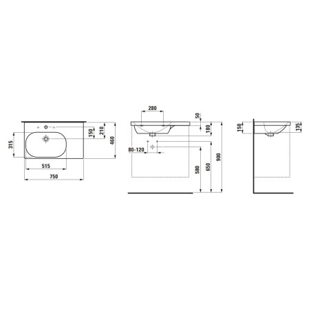 Laufen Lua - Lavabo de meuble 75x46 cm, sans trop-plein, 3 trous pour robinetterie, LCC, blanc H8170864001581