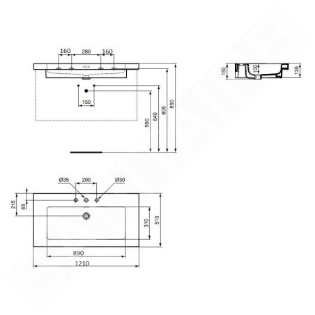 Ideal Standard Extra - Lavabo, 51x121 cm, avec trop-plein, 3 trous pour robinetterie, blanc T437201