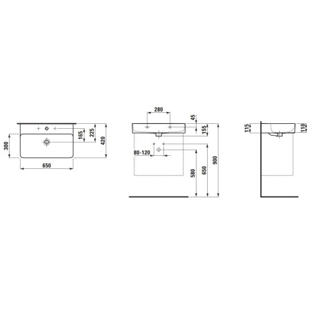 Laufen VAL - Lavabo, 65x42 cm, sans trop-plein, sans trou pour robinetterie, blanc H8102840001121
