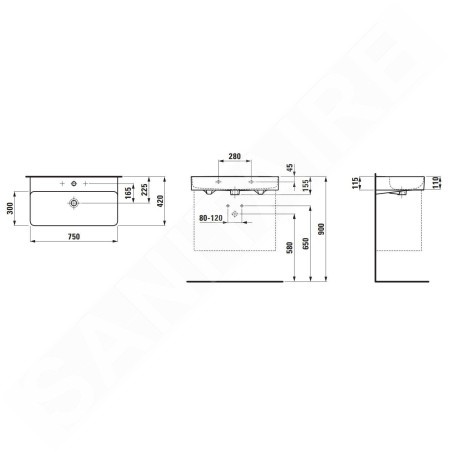 Laufen VAL - Lavabo, 75x42 cm, avec trop-plein, trou pour robinet, blanc H8102850001041