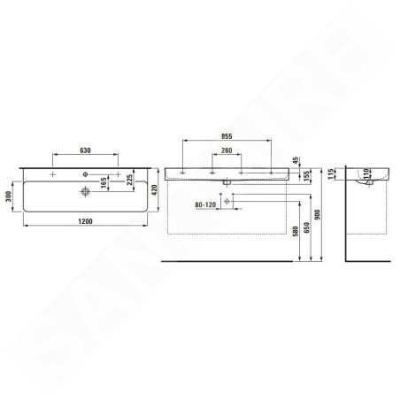 Laufen VAL - Lavabo, 120x42 cm, avec trop-plein, trou pour robinetterie, blanc H8102890001041