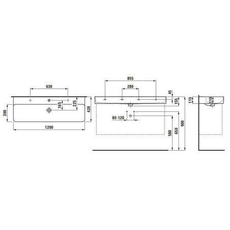 Laufen VAL - Lavabo, 120x42 cm, avec trop-plein, trou pour robinet, noir mat H8102897161041