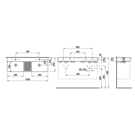 Laufen VAL - Double-lavabo, 120x42 cm, avec trop-plein, 2 trous pour robinetterie, noir mat H8142827161041
