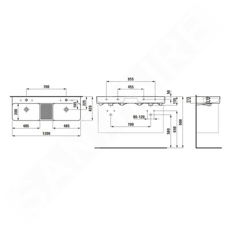 Laufen VAL - Double-lavabo, 120x42 cm, avec trop-plein, 2 trous pour robinetterie, graphite H8142827581041