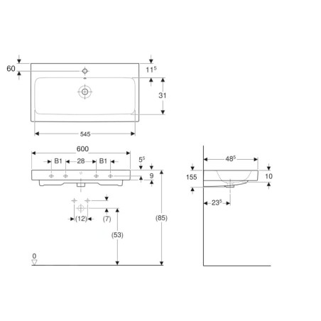 Geberit iCon - Lavabo 60x49 cm, sans trop-plein, sans trou pour robinet, blanc 124061000
