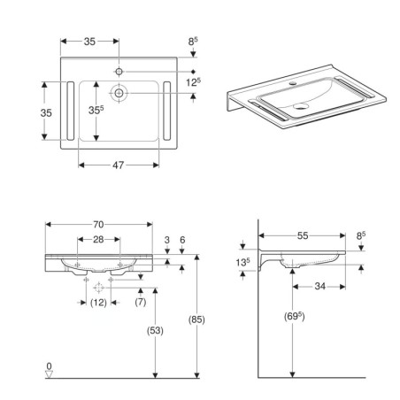 Geberit Publica - Lavabo sans obstacle, avec découpes, sans trop-plein, avec trou pour robinetterie, blanc alpin 500.666.01.2