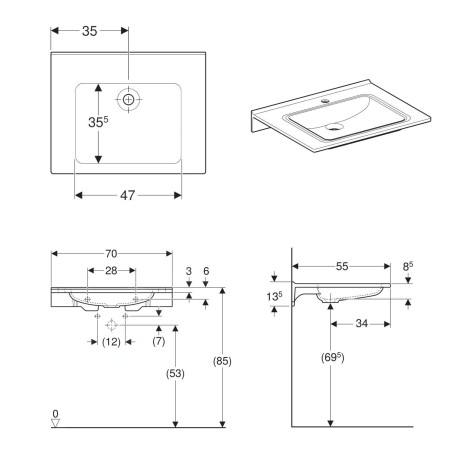 Geberit Publica - Lavabo sans obstacle, sans trop-plein, sans trou pour robinetterie, blanc alpin 500.666.01.3