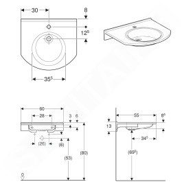 Geberit Publica - Lavabo sans obstacle, sans trop-plein, trou de robinetterie, blanc alpin 500.668.01.1