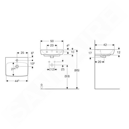 Geberit Selnova Square - Lave-mains 500x420 mm, avec un trou de robinetterie, avec trop-plein, blanc 500.310.01.7